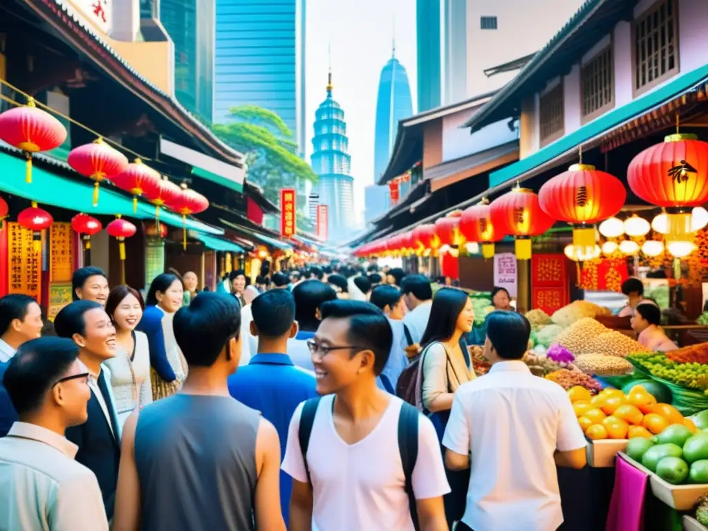 Escena animada de calle en una bulliciosa ciudad asiática con traductores de bolsillo inteligencia artificial, mercados tradicionales y modernos rascacielos, fusionando lo antiguo y lo nuevo en una vibrante interacción cultural