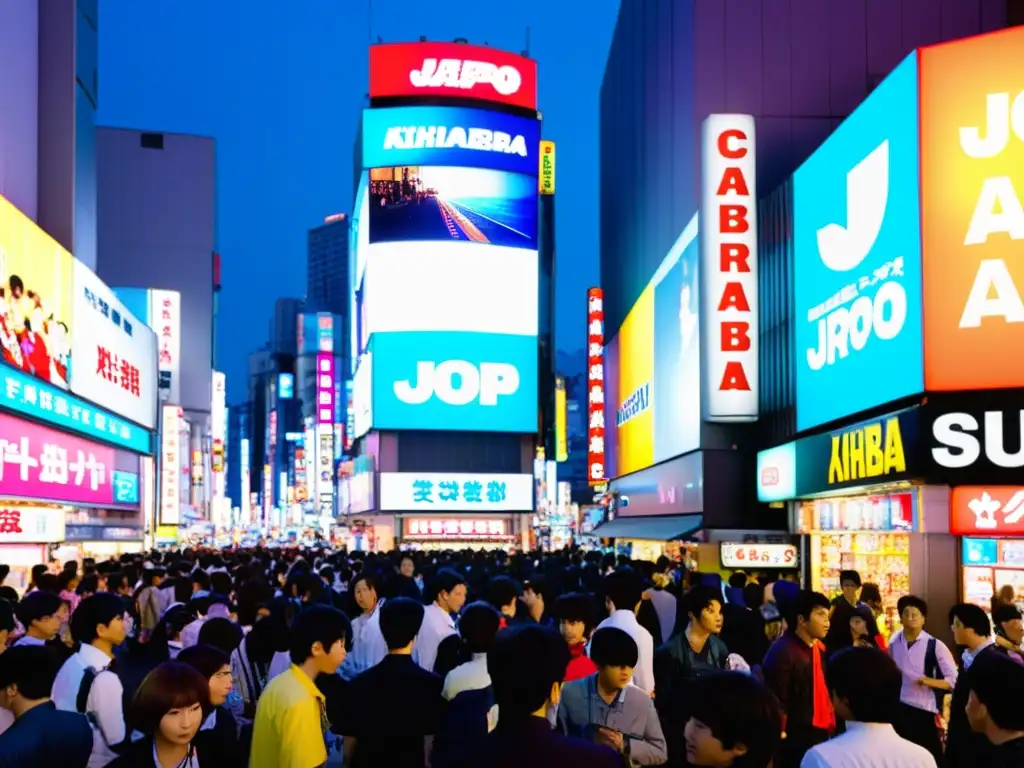 Escena animada en Akihabara, Tokio, con carteles de JPop y tiendas de anime, reflejando el turismo cultural en Japón con JPop