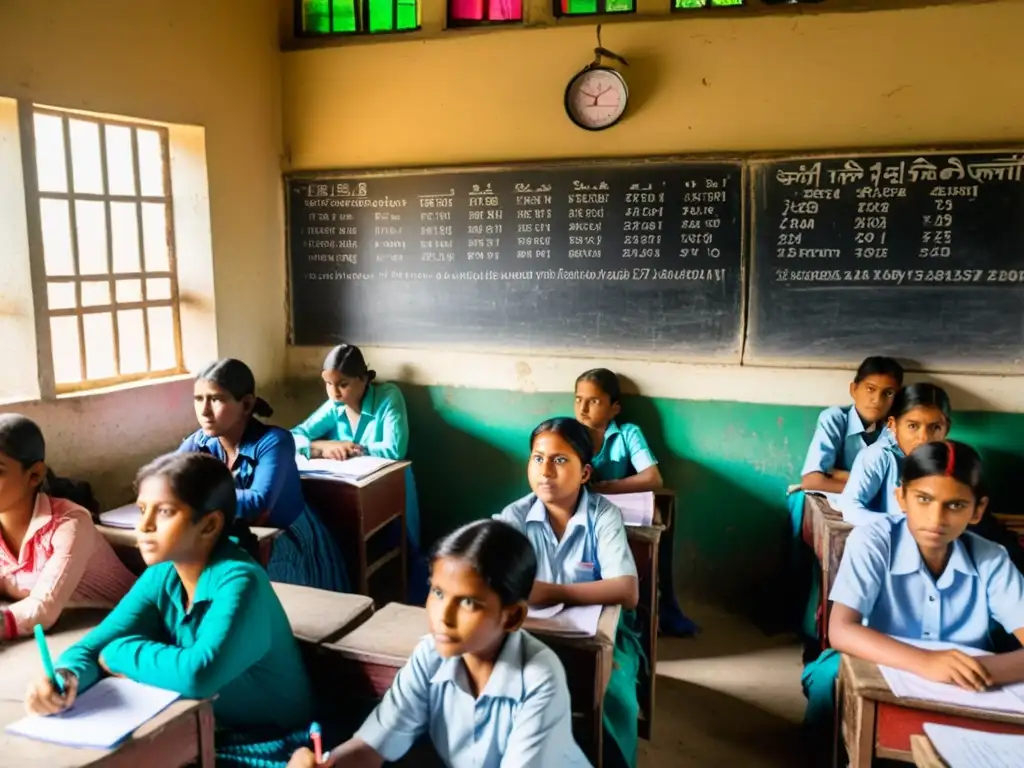 Una escena de aula bulliciosa en una escuela rural de Bangladesh