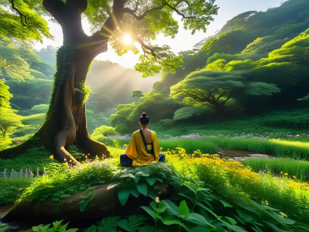 Escena de bosque exuberante con un monje budista meditando, rodeado de naturaleza vibrante