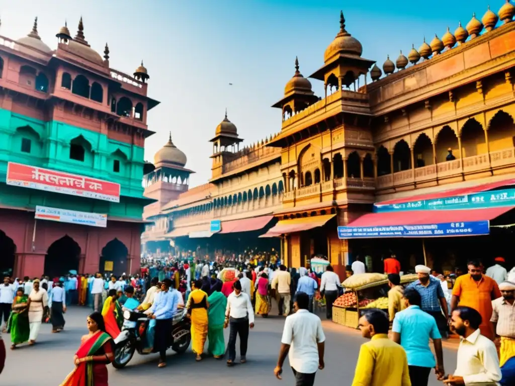 Escena bulliciosa en la India, con colores vibrantes y elementos tradicionales y modernos