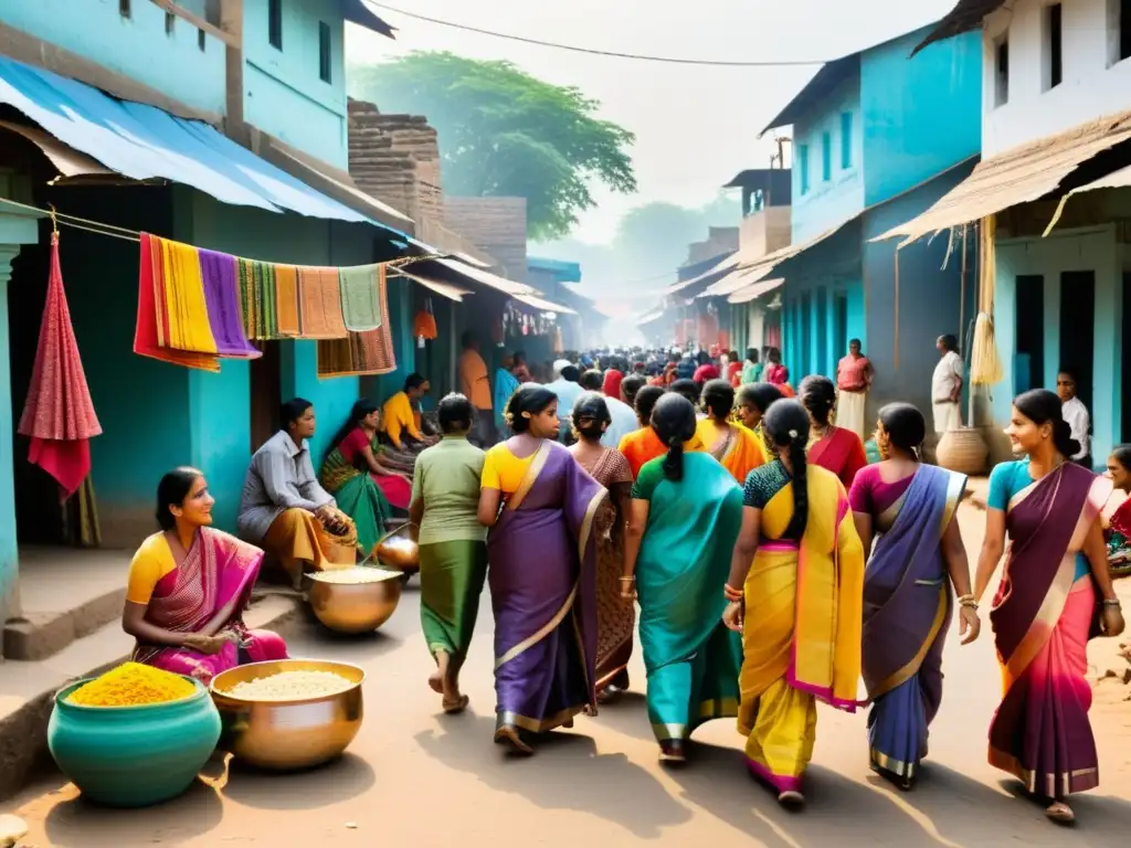 Una escena bulliciosa de un mercado en una aldea rural de la India, donde los lugareños realizan artesanías tradicionales y actividades diarias