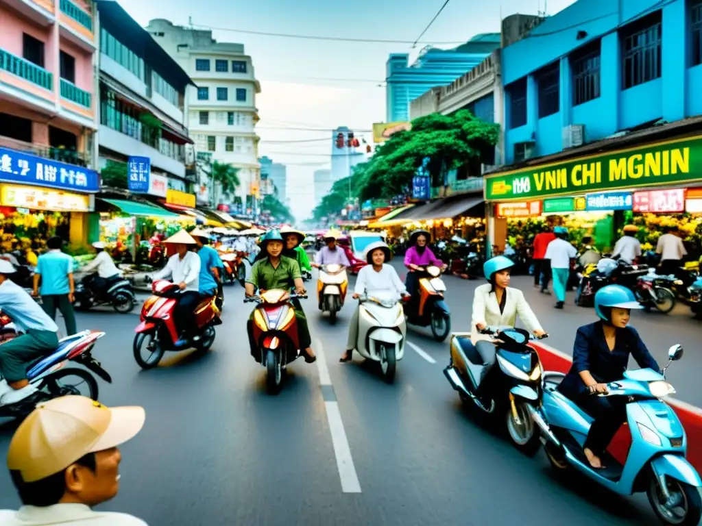 Escena bulliciosa en Ho Chi Minh City, Vietnam, con mercados tradicionales, edificios modernos y la vibrante energía de la economía local