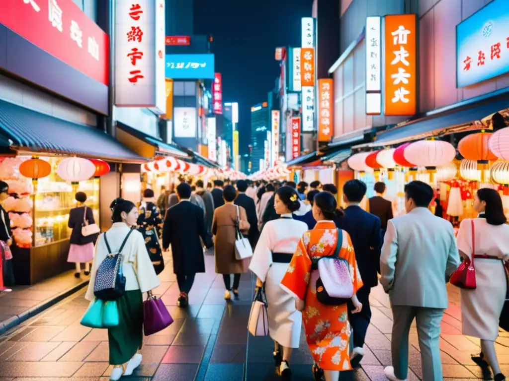 Escena bulliciosa de la moda asiática y tendencias globales en las calles de Tokio, donde se fusionan costumbres locales y estilo contemporáneo