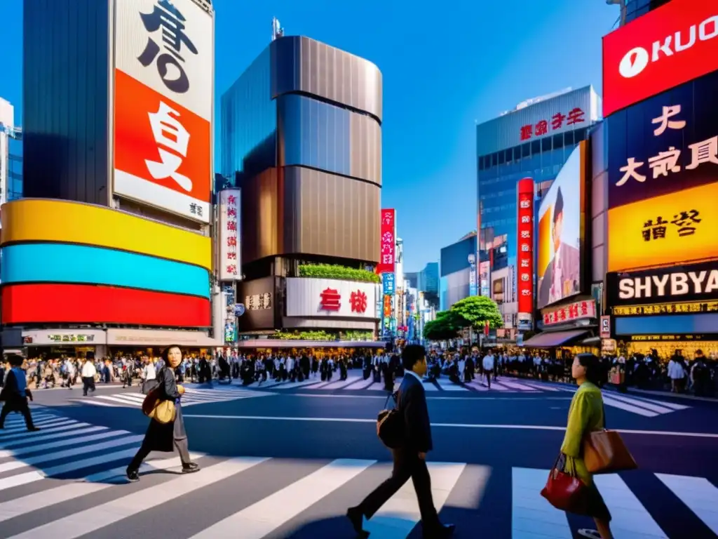 Escena callejera bulliciosa en el distrito de Shibuya de Tokio, con una mezcla de tradición y modernidad