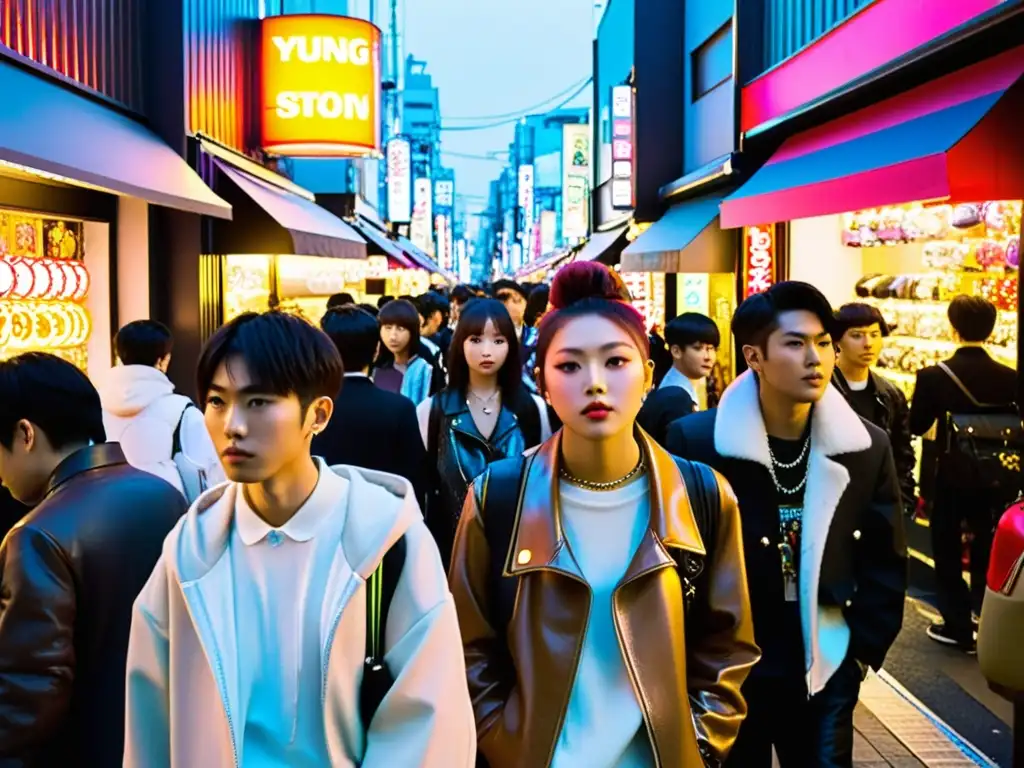 Escena callejera en Harajuku, Tokio, con moda urbana asiática de lujo y jóvenes vistiendo atuendos vanguardistas