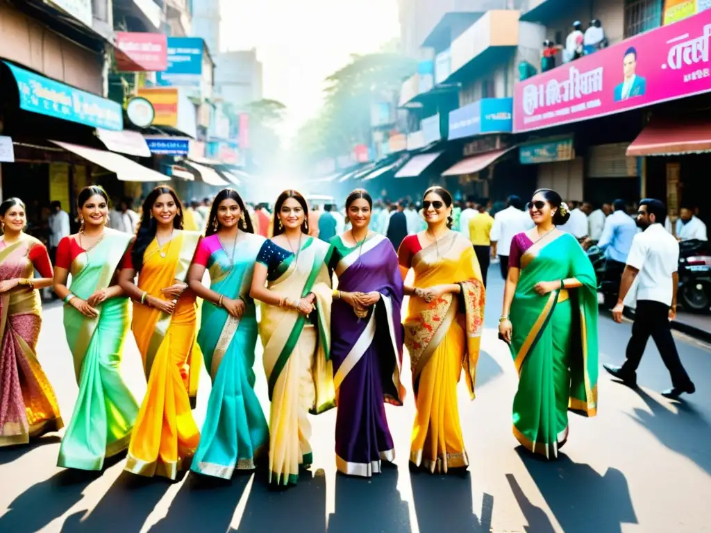 Escena callejera vibrante en Mumbai, India, con impacto del cine indio en la moda occidental: fusiones de colores y texturas Bollywood inspiradas