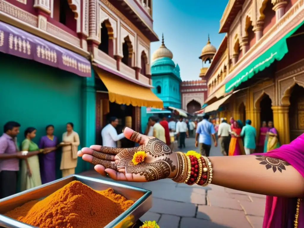 Una escena callejera vibrante en la India, con colores tradicionales, diseños de henna y vendedores de flores y especias