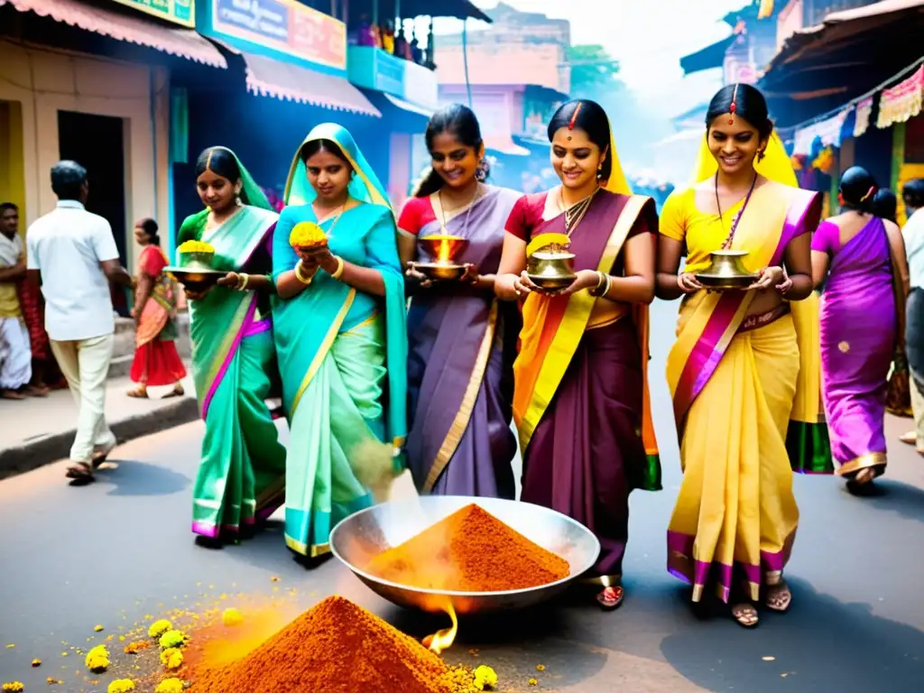 Una escena callejera vibrante en la India, donde se llevan a cabo rituales hindúes tradicionales