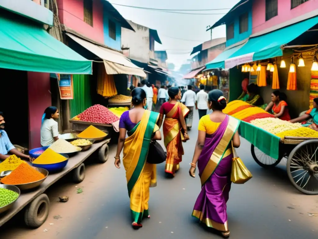 Escena callejera vibrante en la India, con saris coloridos, mercados bulliciosos y arte callejero