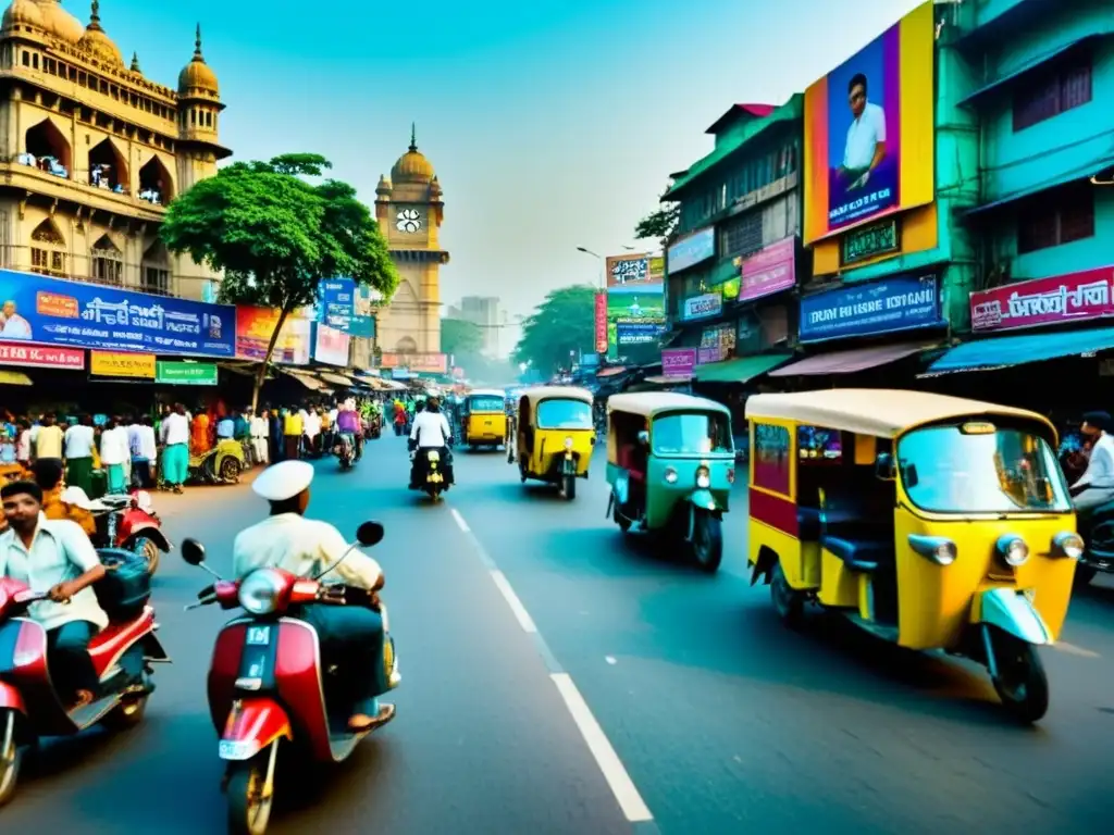 Escena callejera vibrante en Mumbai, India, llena de colores y energía al estilo de la estética visual del cine indio tradicional