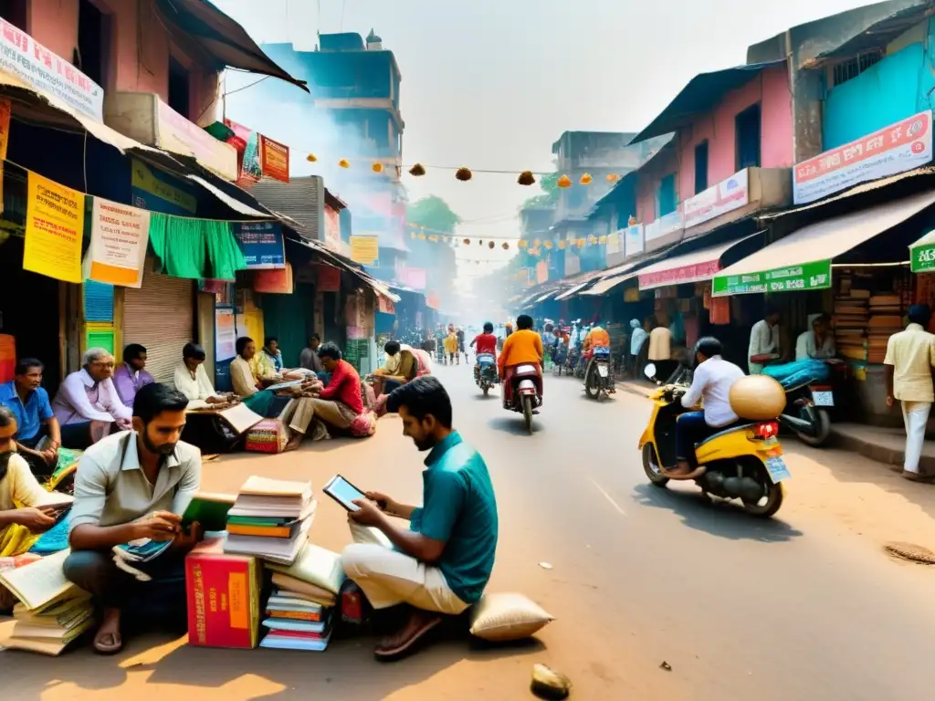 Escena caótica en la bulliciosa calle de la India, donde la gente lee en smartphones y tabletas, mientras vendedores tradicionales de libros observan