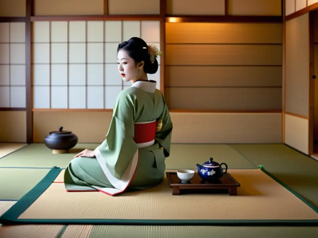 Una escena de la ceremonia del té japonés en una habitación tranquila y elegante, con una geisha sirviendo té con gracia y detalle