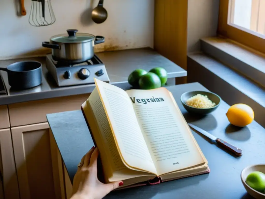 Una escena cotidiana muestra 'La vegetariana' de Han Kang, con páginas desgastadas, mientras una mujer cocina en una humilde cocina