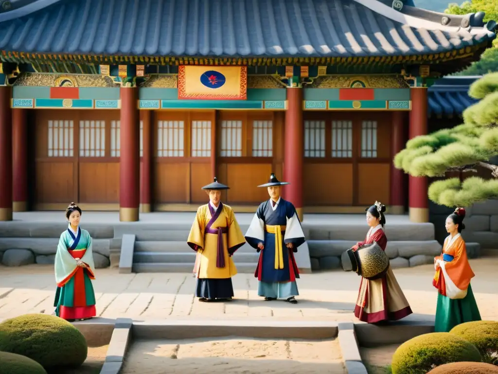 Una escena detallada de una recreación histórica de una serie asiática, mostrando la vida diaria y la cultura en la antigua Corea