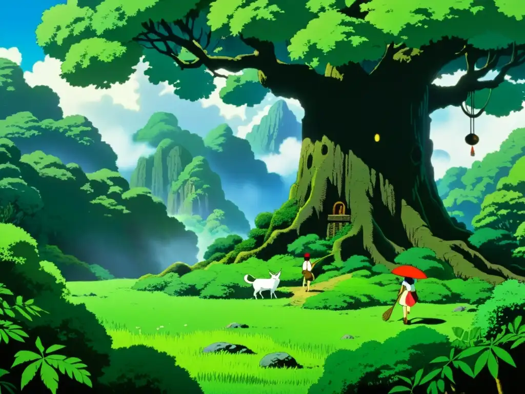 Una escena detallada e intrincada de la película de Studio Ghibli 'Princess Mononoke', mostrando un bosque exuberante y vibrante con sus criaturas mágicas y espíritus antiguos