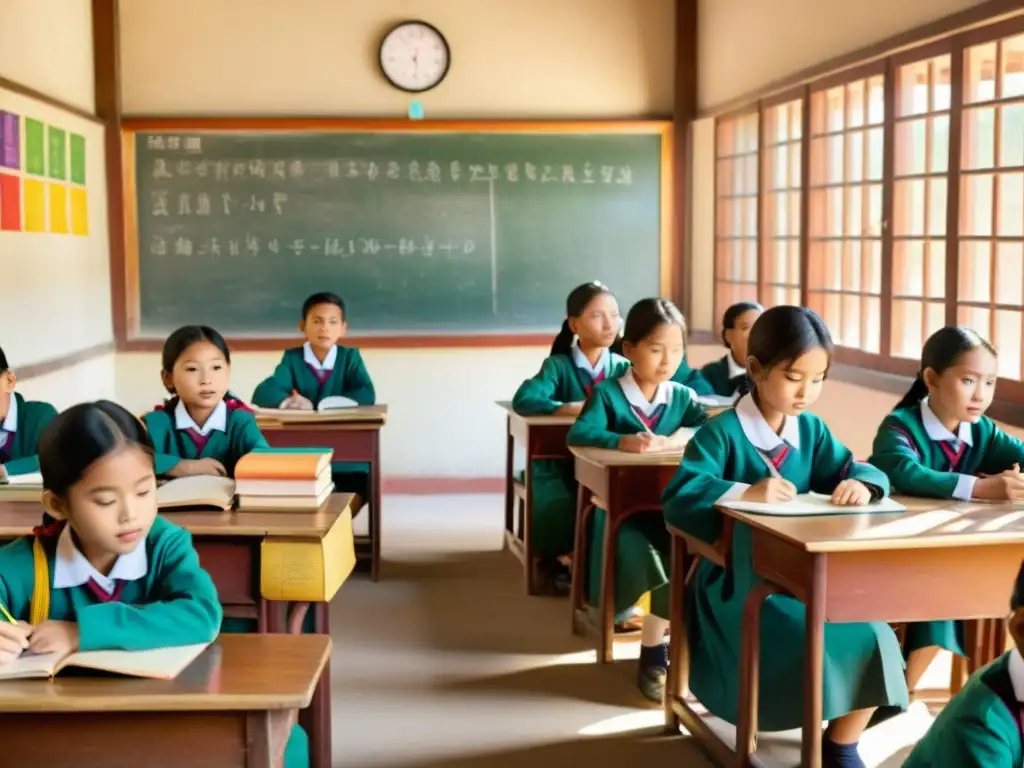 Escena detallada de educación temprana en Asia: aula con estudiantes en uniforme tradicional, participando en una discusión enfocada con su maestro