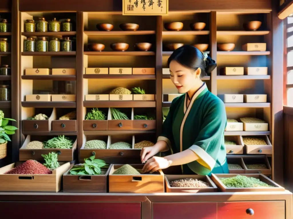 Una escena detallada de una tienda de hierbas china tradicional, con cajones de madera llenos de ingredientes