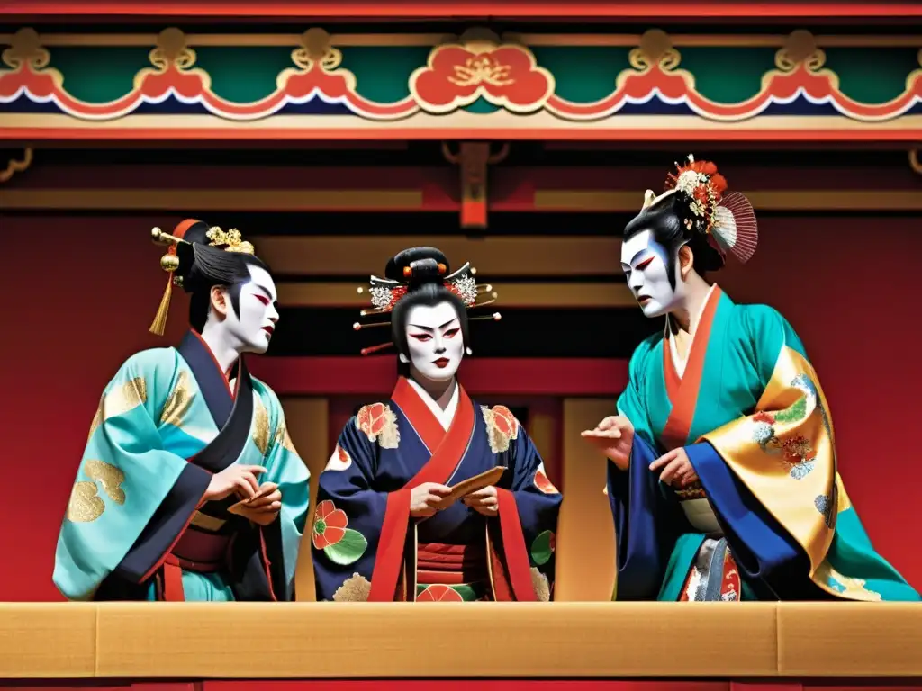 Una escena detallada y vibrante de un escenario de teatro kabuki, con actores vestidos con trajes tradicionales y maquillaje dramático, capturando la intensa emoción y teatralidad del kabuki