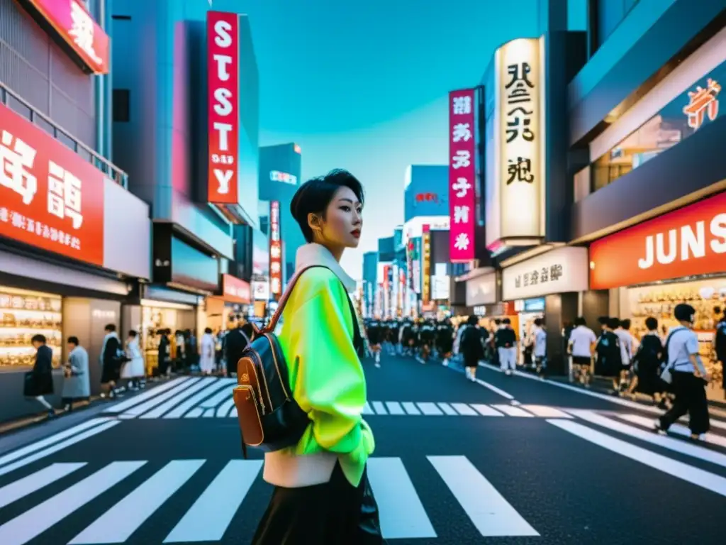 Escena dinámica de moda urbana asiática de lujo en las bulliciosas calles de Tokio, Japón, con neones brillantes y vibrante arte callejero