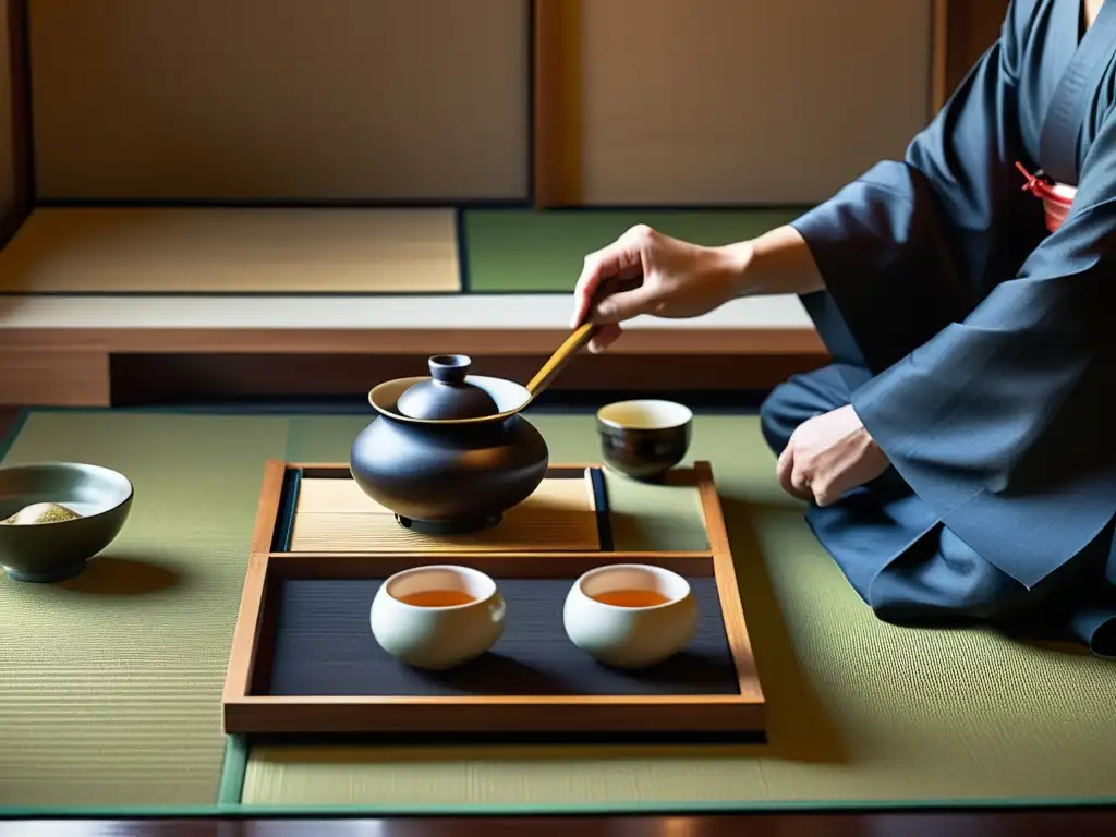 Una escena documental de la ceremonia del té japonesa, reflejando la serenidad y precisión de los samuráis en su alimentación y nutrición