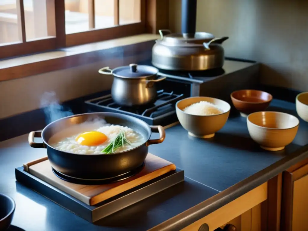 Una escena documental de una cocina tradicional coreana, con un enfoque en la preparación de porridge sobre una estufa de leña