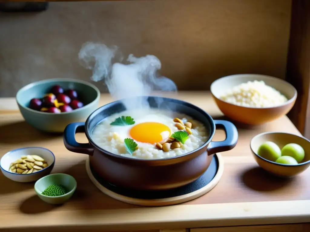 Una escena documental de alta resolución muestra la preparación de un porridge coreano tradicional en una cocina rústica