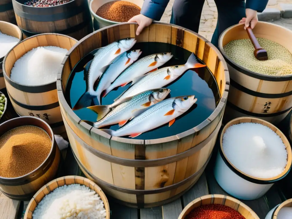 Una escena documental de alta resolución muestra el proceso de fermentación tradicional de pescado coreano en un mercado bullicioso