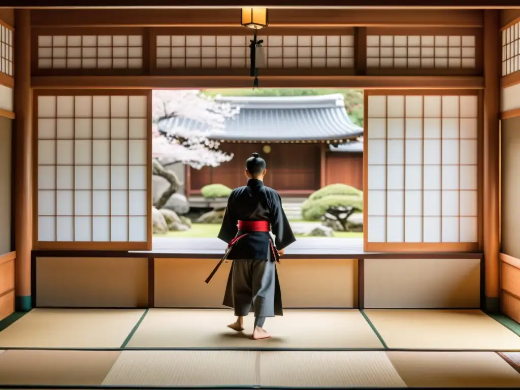 Una escena de un dojo Bujinkan tradicional con jardín japonés, practicantes de artes marciales y ambiente sereno