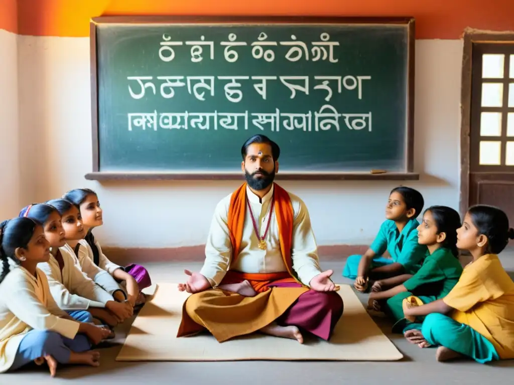 Escena encantadora de aula tradicional india con alumnos atentos y materiales educativos coloridos