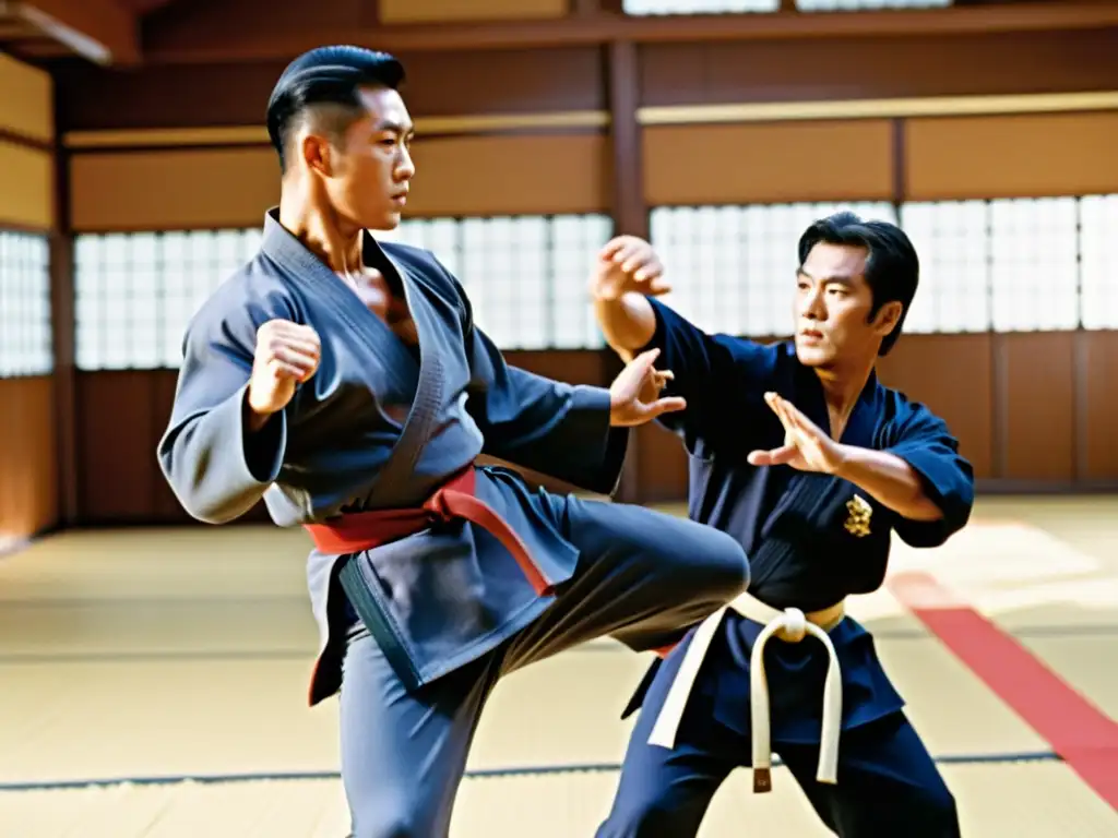 Escena de entrenamiento intenso de Hapkido en Hollywood, con maestro y actor practicando técnicas