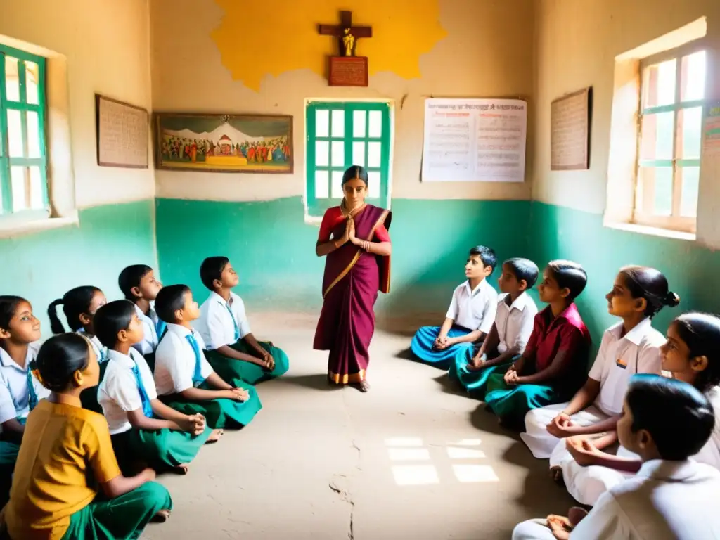 Escena escolar en India: integración espiritualidad, niños atentos, maestro compartiendo enseñanzas espirituales