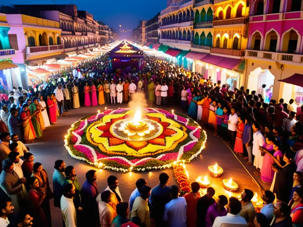 Escena festiva y vibrante del Festival Diwali en la India, con luces y decoraciones coloridas, gente intercambiando regalos y encendiendo lámparas de aceite tradicionales