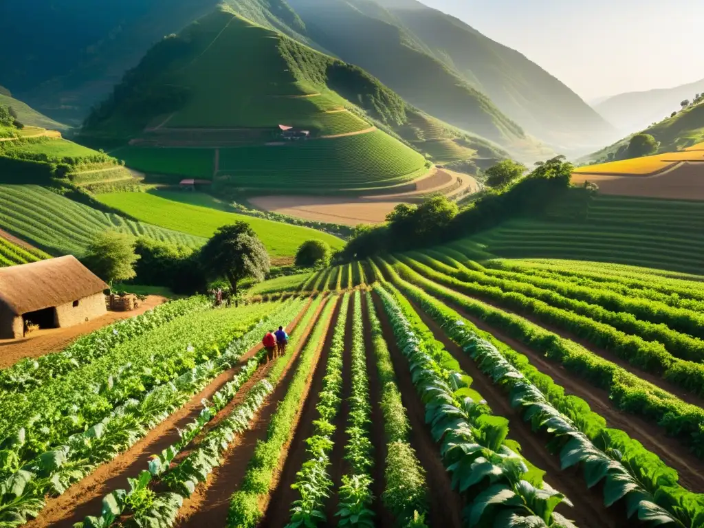 Una escena de granja tradicional, donde agricultores en ropa antigua cultivan diversos cultivos bajo el cálido sol