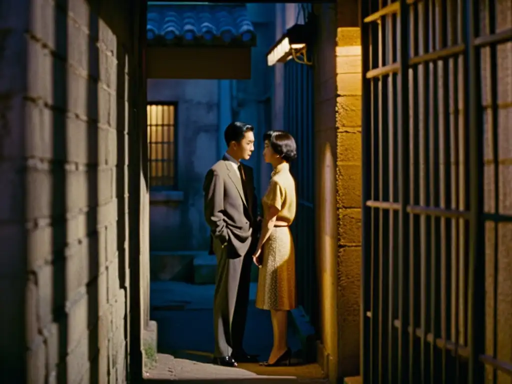 Escena íntima en callejón de 'In the Mood for Love', destacando la elegancia de las narrativas asiáticas en cine épocas clásico