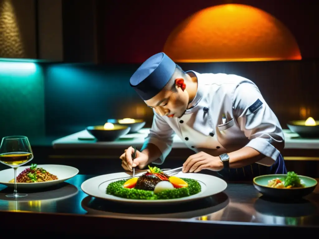 Exclusivo y sofisticado restaurante asiático con platos vibrantes Escena íntima en restaurante con Estrellas Michelin Asia: platos vibrantes, chef meticuloso y comensales disfrutando