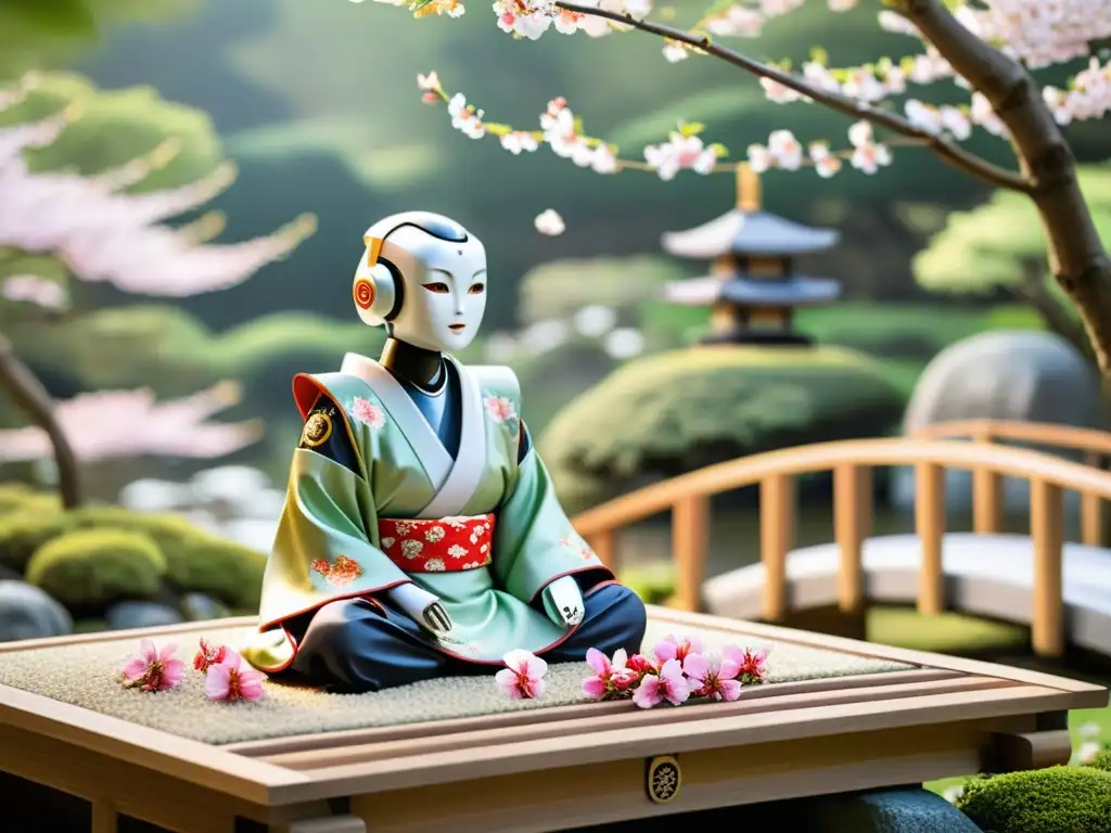 Escena de jardín japonés con robot en kimono meditando, simbolizando la integración de Inteligencia Artificial en la ética asiática