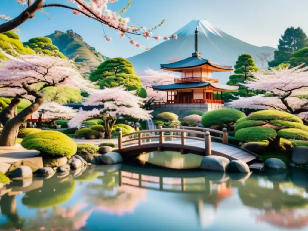 Escena japonesa de hanami: cerezos en flor, pagoda y montañas, reflejando la tranquilidad y significado del hanami en Japón