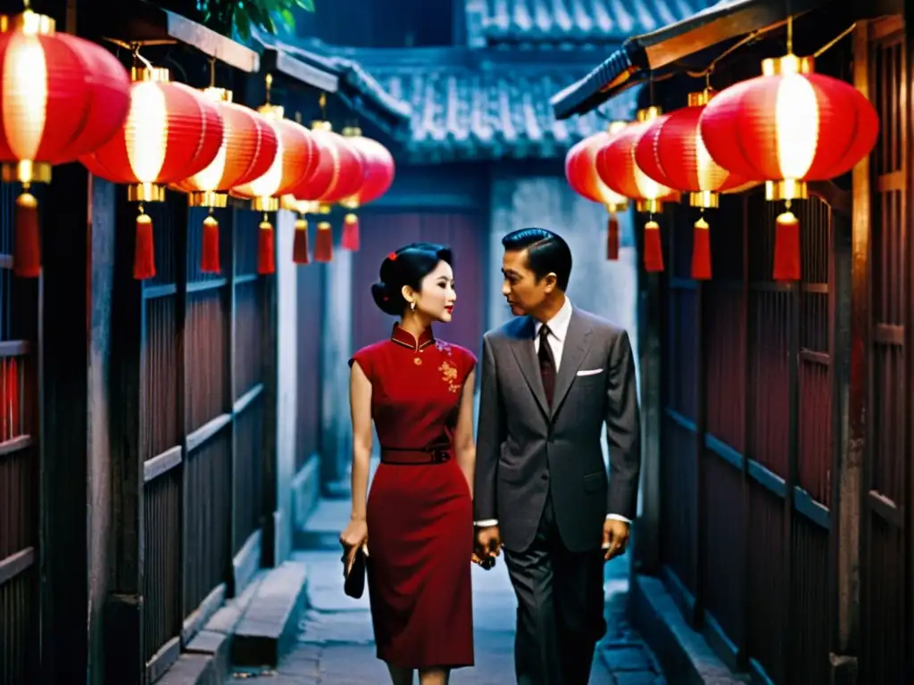 Una escena de 'In the Mood for Love' de Wong Karwai, con los personajes en un estrecho callejón adornado con vibrantes faroles rojos