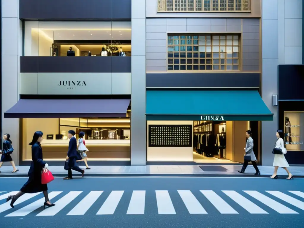 Escena de lujo asiático en Ginza, con tiendas de marcas de moda de lujo asiáticas y un ambiente sofisticado y de vanguardia en Tokio