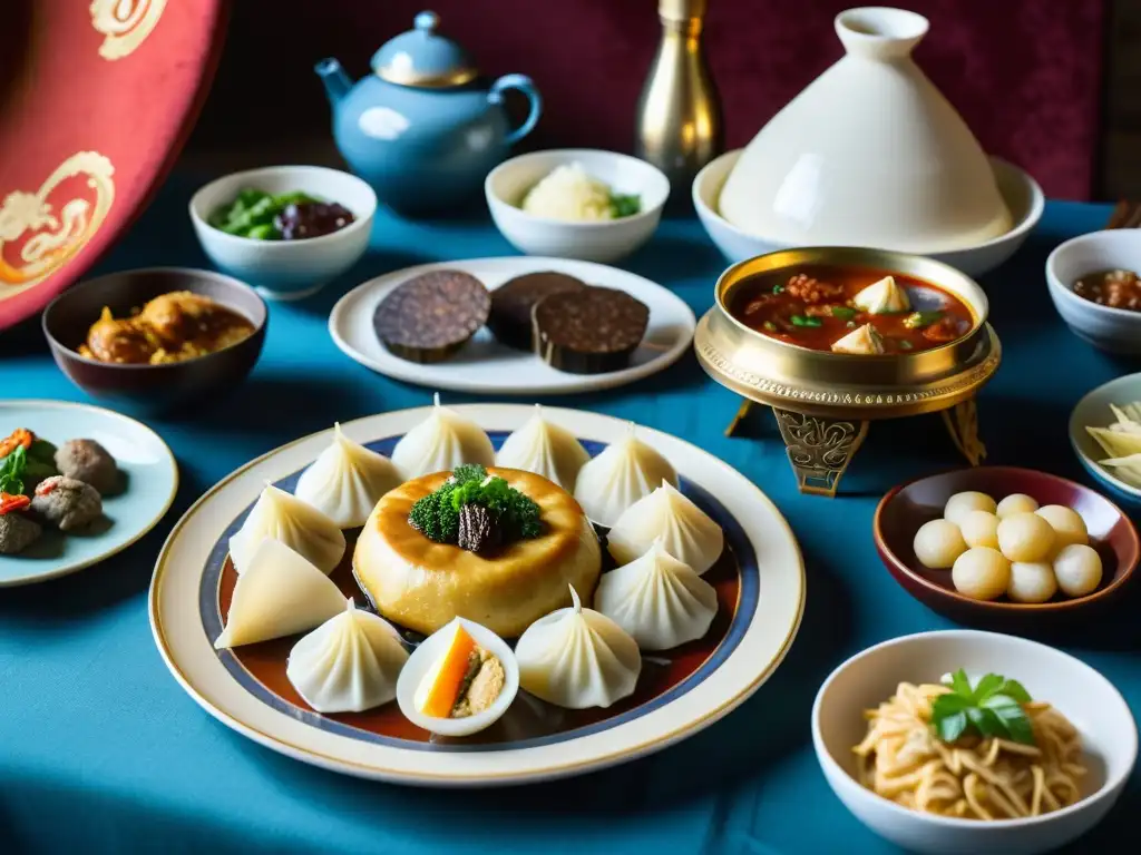 Escena de un lujoso banquete tradicional mongol con cocina de lujo y vajilla ornamental, en la vasta estepa mongola al atardecer