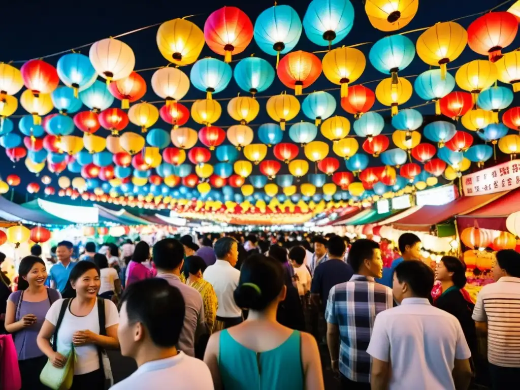 Una escena mágica del Festival de las linternas asiáticas en un bullicioso mercado nocturno de Taiwán, iluminado por hermosas linternas de papel