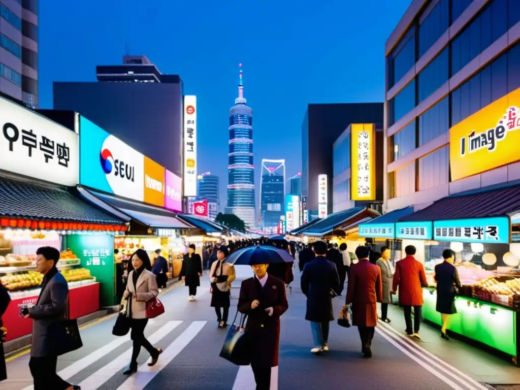 Escena nocturna en Seúl, Corea del Sur, con luces de neón iluminando el bullicio de la calle