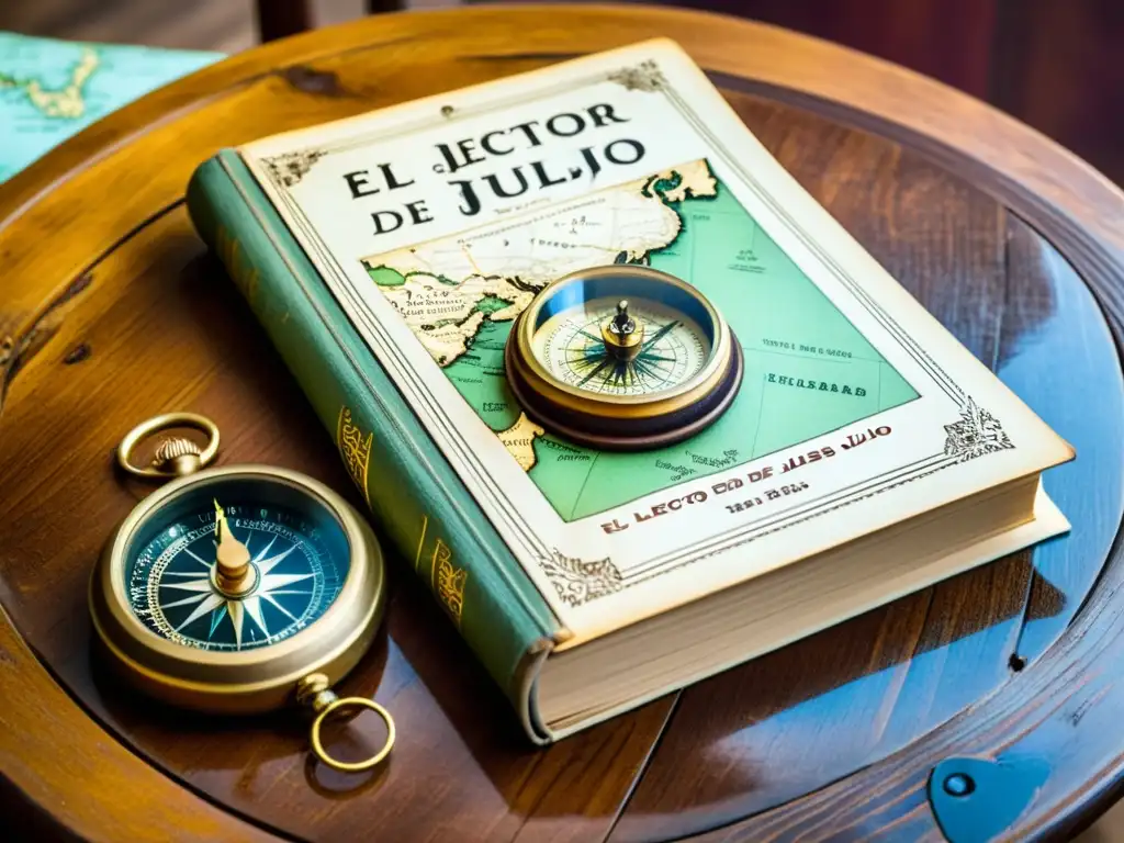 Una escena nostálgica con el libro 'El lector de Julio Verne' en una mesa de madera, junto a un mapa de Asia y una brújula vintage