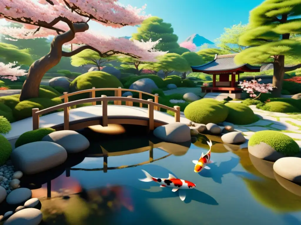 Escena de realidad virtual con presencia de Asia en mundo virtual: jardín japonés sereno con estanque de carpas koi y cerezos en flor