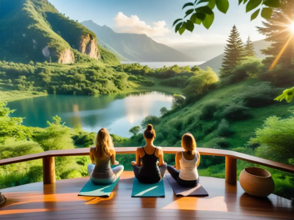 'Escena de retiro de yoga en la naturaleza montañosa: práctica en el deck de madera con vista al lago