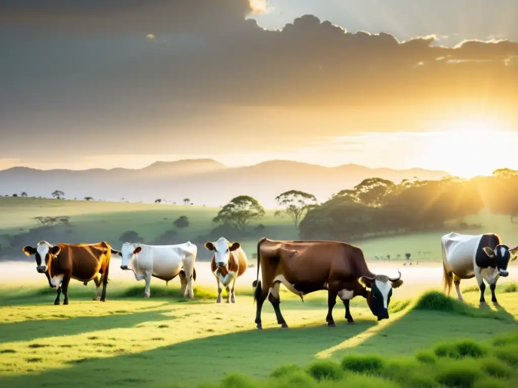 Una escena rural con un grupo de majestuosos Brahmanes pastando en un prado verde, bañados por la cálida luz dorada del sol