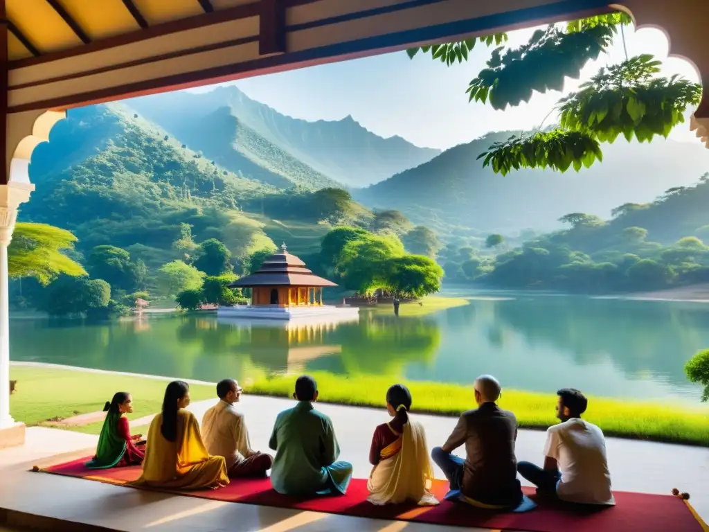 Escena serena en el ashram del Himalaya, con estudiantes debatiendo bajo un árbol bodhi