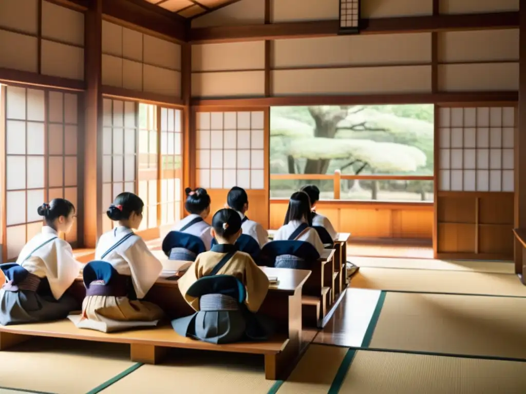 Una escena serena en un aula japonesa tradicional, con estudiantes y maestro participando en una discusión sobre conceptos filosóficos antiguos