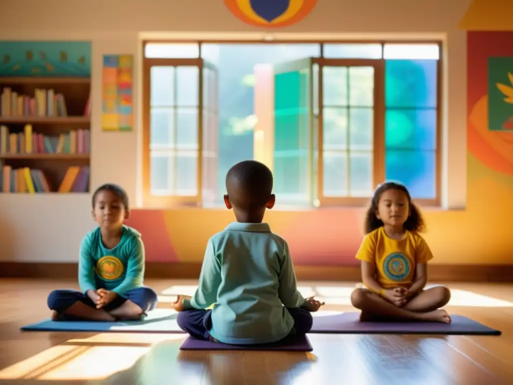 Una escena serena en un aula, niños meditando con un maestro